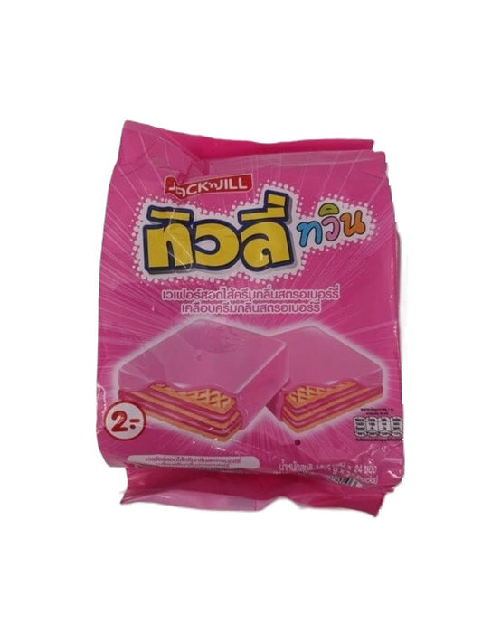 Strawberry cream filled wafers coated with strawberry cream.