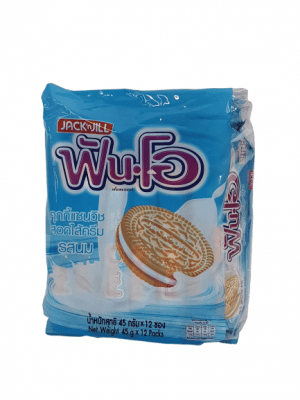 Fun-O brand milk-flavored sandwich cookies with cream filling
